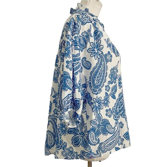 XiRENA Blue and White Ruffled Blouse with 3/4 Sleeves - Picture 3 of 8